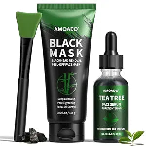 AMOADO Blackhead Remover Peel Off Face Mask, Black Mask & Tea Tree Oil Serum Duo Set, 2-in-1 Deep Cleansing and Pore Tightening, Charcoal Face Mask Peel Off Blackheads Removal