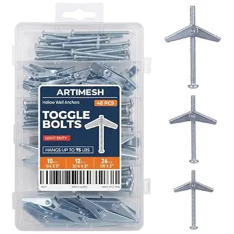 48PCS Toggle Bolt, Heavy Duty Hollow Wall Anchors for Drywall Ceiling, 3 Sizes Butterfly Anchors (1/4" 3/16" 1/8") for Hang Shelves, Heavy Fixtures, Metal Drywall Anchor and Screws Kit (48Pcs)