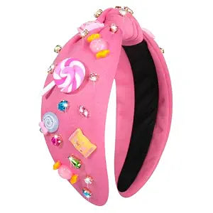 Knotted Headband for Women Lollipop Candy Charms Crystal Jeweled Embellished Top Knot Hairband Statement Wide Turban Hair Hoop Funny Gifts for Birthday Xmas Holiday Party