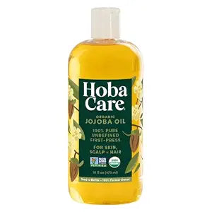 HobaCare Cold Pressed Organic Jojoba Oil for Hair, Skincare, Face, Body, Scalp, Nails, Beard Care, Skin Massage - Unrefined Carrier Oil - 100% Pure, Hexane Free, Moisturizing (16 oz)