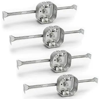 OHLECTRIC 4 Inch Octagon Welded Electrical Box with Adjustable Bar Hanger,(4 Pack), 1-1/2 Inch Deep Box with BX/MC Clamp, Galvanized Steel, Supports Fixtures Up to 50 lbs, Suitable for Data Centers