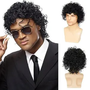 Mens Short Black Curly Wig Wet Look Costume Wig Rocker Wig for Daily Halloween Costume Cosplay Party Use