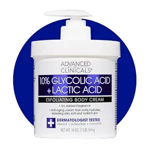Advanced Clinicals 10% Glycolic Acid + Lactic Acid Lotion Exfoliant Moisturizing Cream With Hyaluronic Acid Moisturizer | AHA Exfoliating Body Cream Improves Look Of Uneven Rough Skin Texture, 16 Oz