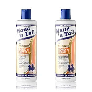 Mane ’n Tail Bond ’n Repair Shampoo & Conditioner Set, Sulfate-Free Strengthening Hair Care System, Anti-Breakage & Frizz Control, Triple Bond Repair with Moringa, Mango Peach 11.2 fl oz 2-Pack