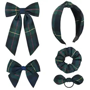 DEEKA 5 Styles Uniform Plaid Long Tail Hair Bows Knotted Headband Scrunchies Bow Set Alligator Clips Back to School Accessories for Toddler Little School Girls (Dark Green, Navy, Red&Yellow 5 Styles)