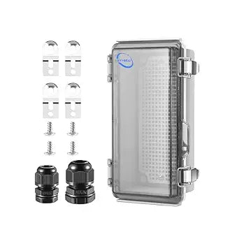 RTHIEAI Waterproof Outdoor IP67 Junction Box (7.9"x3.9"x2.8") with Mounting Plate, Hinged Clear Cover and Wall Brackets - Weatherproof ABS Plastic Electrical Enclosure for DIY Projects (200x100x70mm)