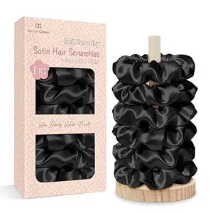BONNET QUEEN Satin Scrunchies for Women, No Crease Silk Hair Ties & Holder, Soft Silk Hair Scrunchies for Sleeping & Everyday Use, Ponytail Holders, Gentle Headwear Hair Accessories, 6 Pack, Black