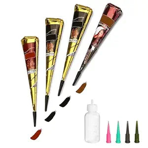 Temporary Tattoos Kit, 4Pcs Semi Permanent Tattoo Paste Cones, India Body DIY Art Painting for Women Men teens, Summer Trend Hand Plaste with 3 Colors(1Pc Bottle,4Pcs Nozzles)20Pcs Adhesive Stencil