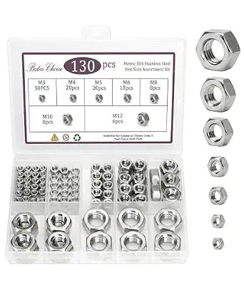 Bates- Metric Hex Nuts Assortment Kit, 7 Sizes, 130 pcs, Stainless Steel, M3 M4 M5 M6 M8 M10 M12, Hardware Nuts