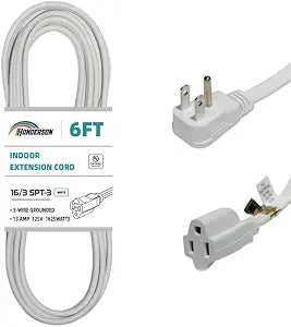 6 Ft White Flat Plug Extension Cord 16 Gauge 3 Prong Grounded Power Cord