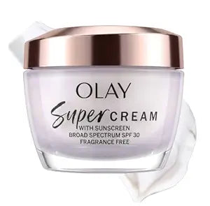 Olay Super Cream with Sunscreen SPF 30, Fragrance Free Lightweight Face Moisturizer with Sun Protection, 5-in-1 Skin Care - Hydrating, Brightening - Niacinamide, Vitamin C, Collagen, 1.7 oz
