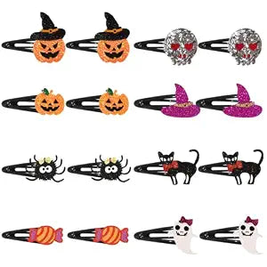 Halloween Glitter Hair Clips, 16 Pcs Pumpkin Ghost Spider Cat Skull Candy Witch Hat Barrettes, Cute Party Hair Accessories for Cosplay Costume