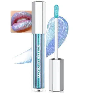 Holographic Blue Glitter Lip Gloss, Iridescent Chameleon Effect