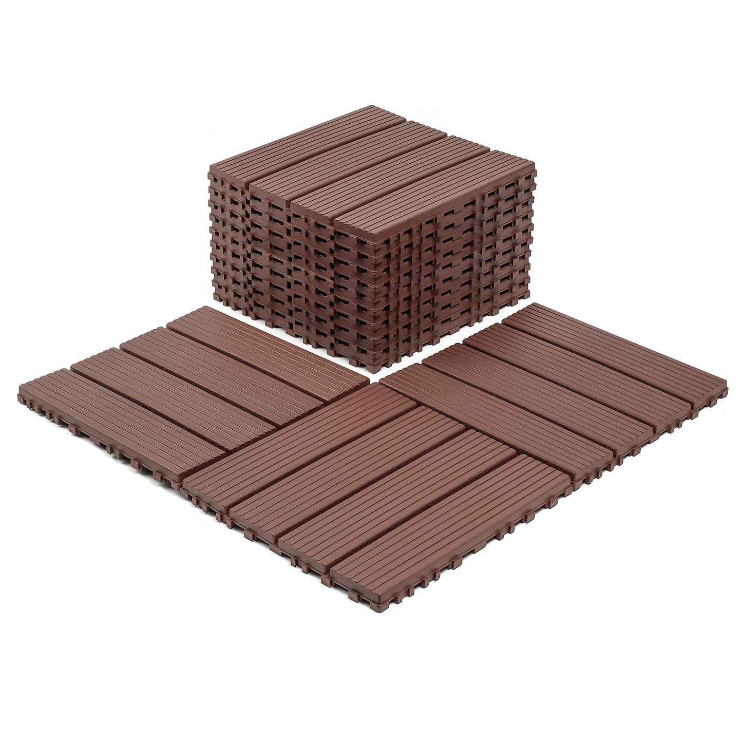 44 Pack Plastic Interlocking Deck Tiles,12"x12" Waterproof Indoor/Outdoor Floor Tiles,All-Weather Patio Floor Decking Tiles for Garden,Lawn,Porch,Poolside,Balcony,Striped 01,Brown