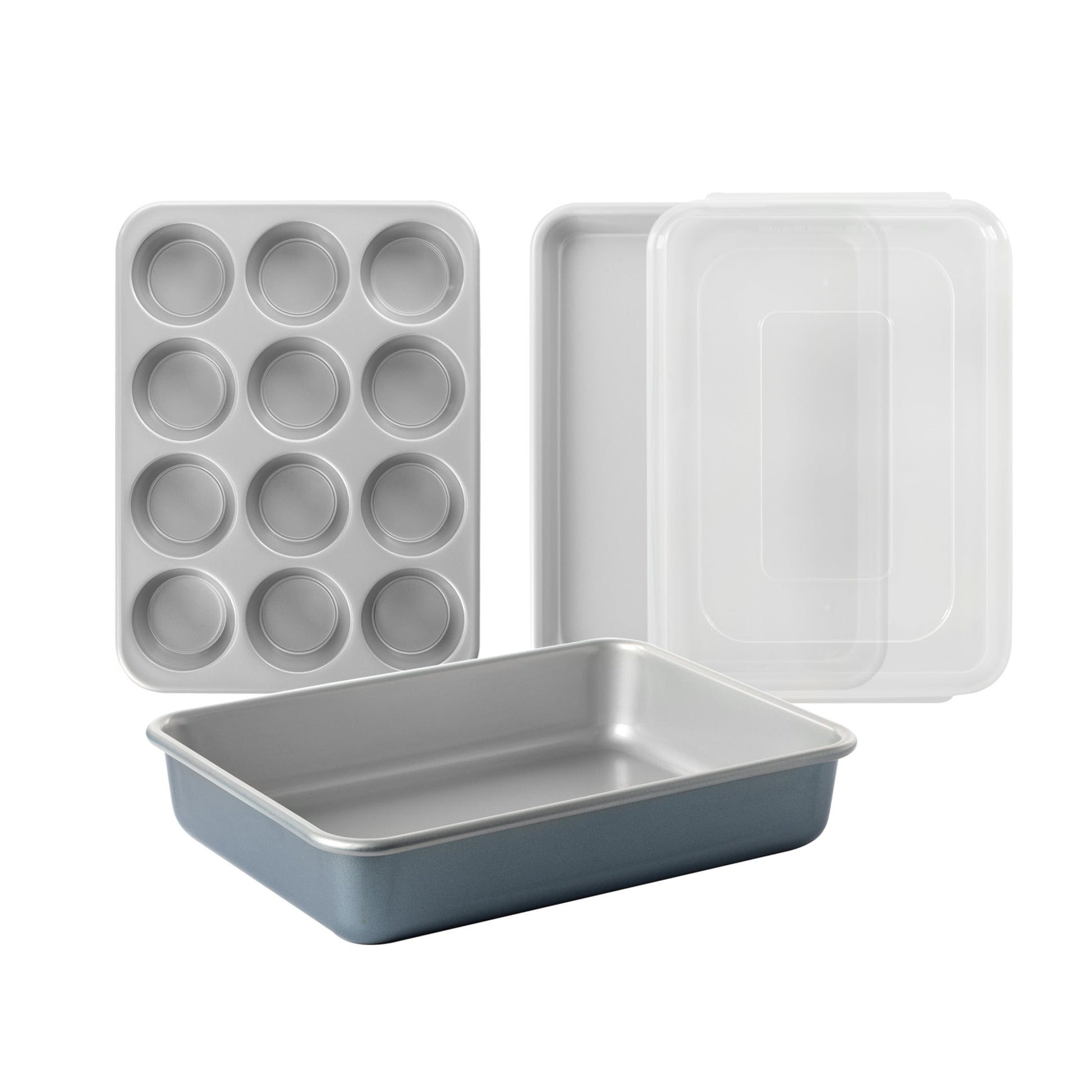 4pc Nordic Ware Nonstick Aluminum Brilliant Bakeware Quarter Sheet, 9x13 Cake Pan and Muffin with Lid, Silver and Blue