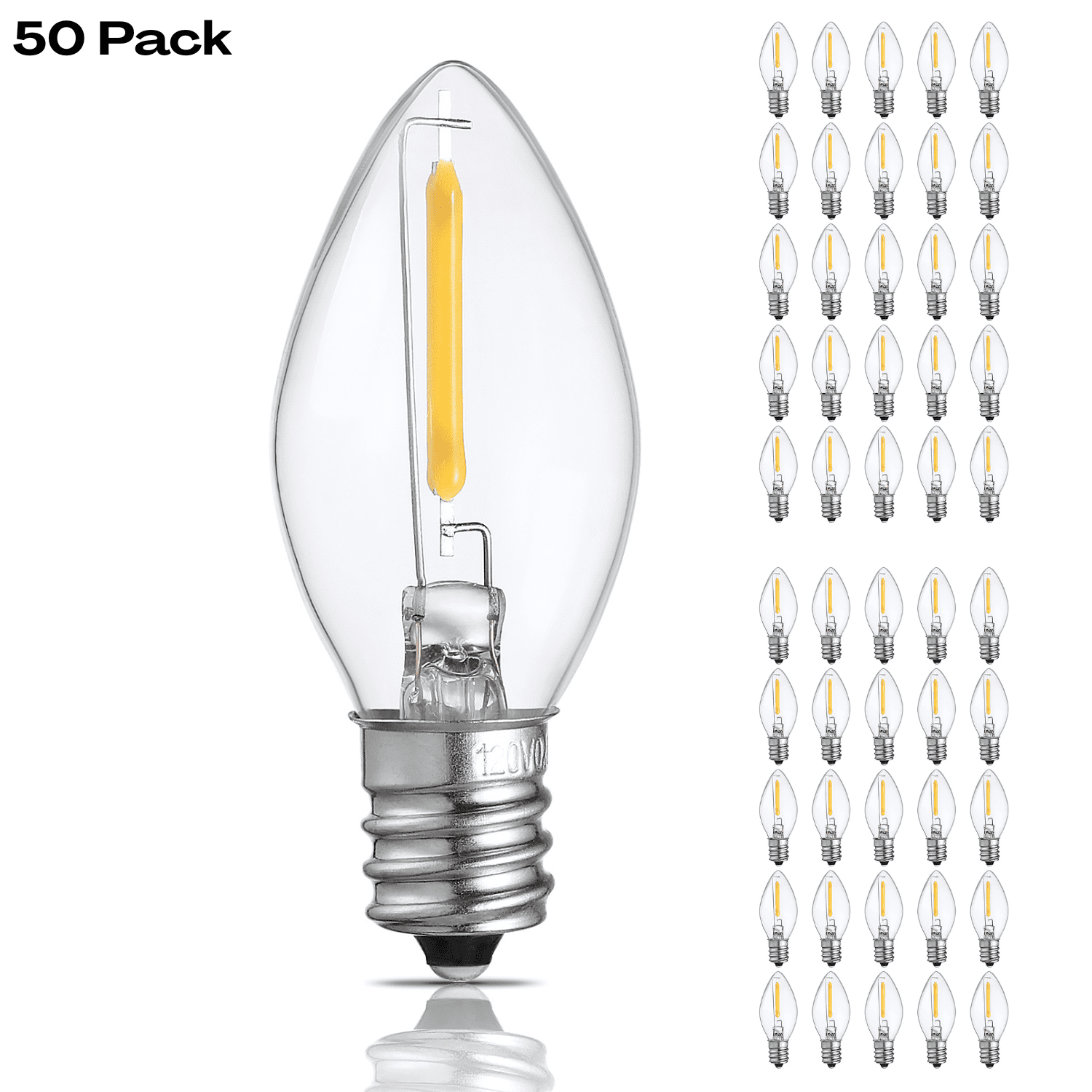 50 Pack C7 LED Christmas Light Bulb, 0.6W Clear Glass C7 Replacement Bulbs, 2700K Soft White, E12 Candelabra Base Night Light Bulbs, Non-Dimmable LED Filament Bulb