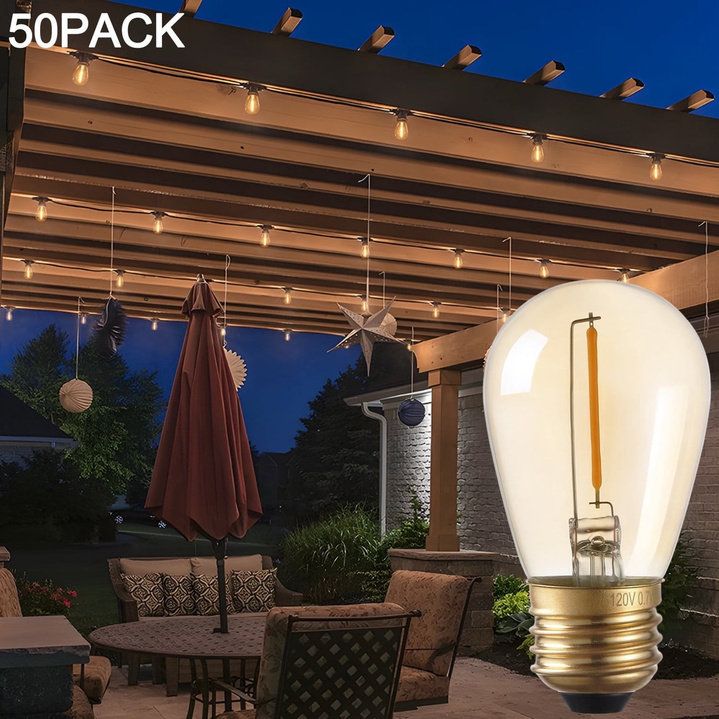 50 Pack S14 LED Bulb, Amber Warm Glass LED Replacement Bulbs, 2200K Amber String Lights, 0.7W E26 Base LED Light Bulbs, Non-Dimmable LED Filament Bulb