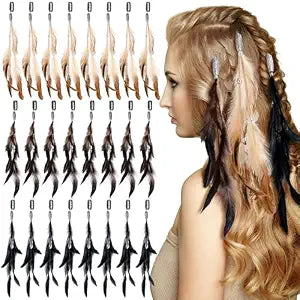 Geyoga 12 Pcs Clip in Hair Feathers with Beads, Boho Feather Hair Clips for Women, Rave Music Festival Accessories for Halloween Costume, Carnival Party (Brown,Black,Dark Coffee,Standard)
