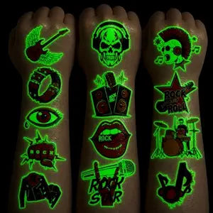 Glow in the Dark Rock and Roll Temporary Tattoos for Kids, 96 PCS Pre-Cut