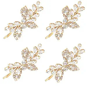 Waydress 4 Pcs Rhinestone Hair Clip Wedding Bridal Hair Barrette Decorative Leaf Crystal Side Hairpin Accessories for Women(Rhinestone Style,Gold)