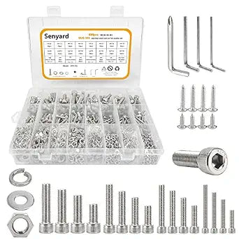 M6 M5 M4 M3 Metric Screw Assortment,Metric Bolts and Nuts Kitwith Lock&Flat washersWrenches Socket Head Cap Screws 304 Stainless Steel Hex Head Metric Screws Assortment Set with Case