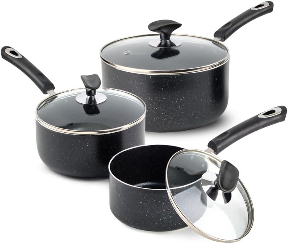 Nonstick Saucepan Set - 3-Pieces Pot Set 1.5 Quart & 2 Quart & 3 Quart,Ultra Non Stick Sauce Pan Small Pot with Glass Lid,Great for Home Kitchen Restaurant,Black