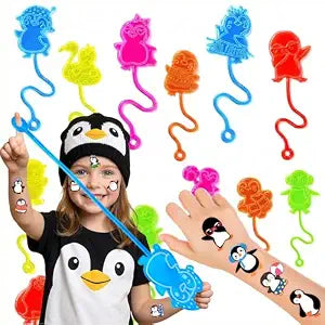 48PCS Penguin Party Favors - 24 Temporary Tattoos + 24 Stick Hands