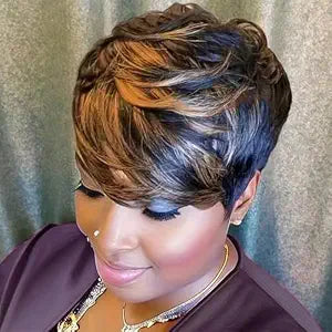 showreal Pixie Cut Wig Human Hair for Women Highlight Brown Short Straight Wigs 100% Real Human Hair Pixie Cut Wig with Bangs Layered Virgin Hair Glueless Natural Short Wig (9149-1B/30)