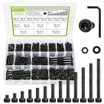 900PCS M4 Nuts and Bolts Assortment Kit 4mm-45mm, Upgraded Zinc Plated 12.9 Alloy Steel M4 Screw Assortment, Hex Socket Head Cap Machine Screws Bolts and Nuts Kit 4/6/8/10/12/14/16/20/25/30/35/40/45MM