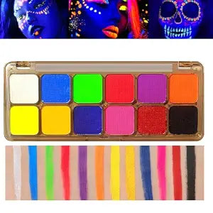 Neon Face Body Paint for Halloween Makeup,12 Color Halloween Face Paint, UV Glow in the Dark Face Paint, Water Activated Eyeliner, Body Paint for Kids with 2 Brushes, Non-Toxic for Halloween Cosplay