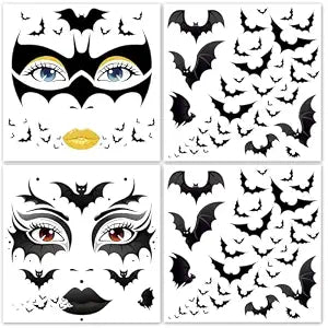 HOWAF 4 Sheets Halloween Bat Face Tattoos, Halloween Bats Tattoos Sticker for Hallows' Eve Masquerade Halloween Cosplay Raves Costume Accessories, Flaying Black Bat Temporary Tattoos Sheets