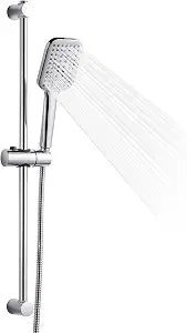 OFFO Shower Slide Bar Combo, Adjustable 27 in Slide Bar with 3-Mode Square Handheld Shower Head and 60 in Stainless Steel Hose, Screw Wall Mounted, Chrome Finish