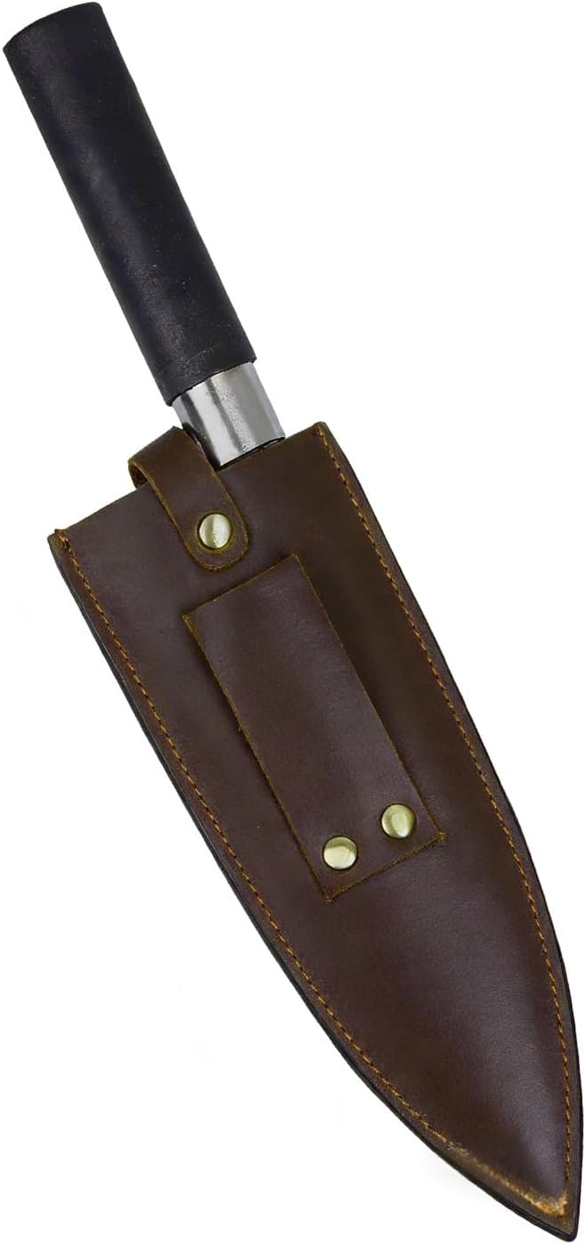 Qchengsan Cowhide Leather Knife Sheath, 8 Inch Chef Knife Guard, Heavy Duty Universal Knife Cover or Sleeves, Chef Meat cleaver sheath with Belt Loop (Dark Brown)