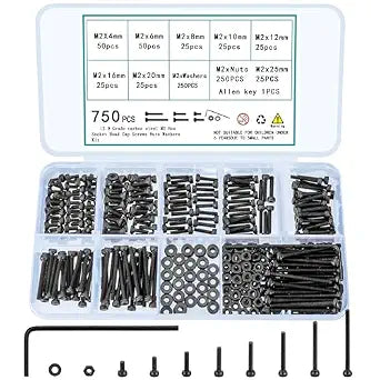 750 Pcs M2 Screws Bolts and Nuts Assortment Kit, Small Hex Socket Head Cap Screws Nuts and Bolts Hardware Fasteners, Black Assorted Machine Metric Screw Assortment Set with Washers