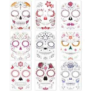 Konsait 9 Sheets Day of the Dead Face Tattoos, Sugar Skull Temporary Face Tattoo Halloween Makeup Tattoos for Women Men Day of the Dead Mask Accessories Party Favor Supplies