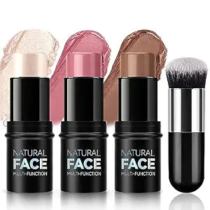 NewBang 3 Pcs Cream Blush Contour Highlighter Stick for Cheeks Eyes Lips Lightweight Dewy Finish Blush Stick Waterproof Long Lasting Contour Stick Trio Wand Face Makeup Set for Girls and Women (2+5+6)