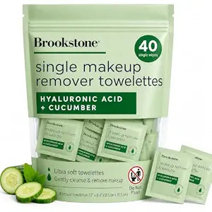 Brookstone Makeup Remover Wipes Individually Wrapped - Bulk Eye & Face Wipes for Travel, Single Makeup Remover Packets for Mascara, Oil & Dirt - Alcohol-Free Cleansing Towelettes, 40 Count.