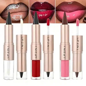 2 in 1 Lipstick Smooth Quick Fuller Plumping Moisturizing Lip Makeup for Women, Dual-Ended and Smooth Buildable Lip Gloss & lip combo (3PCS-A)