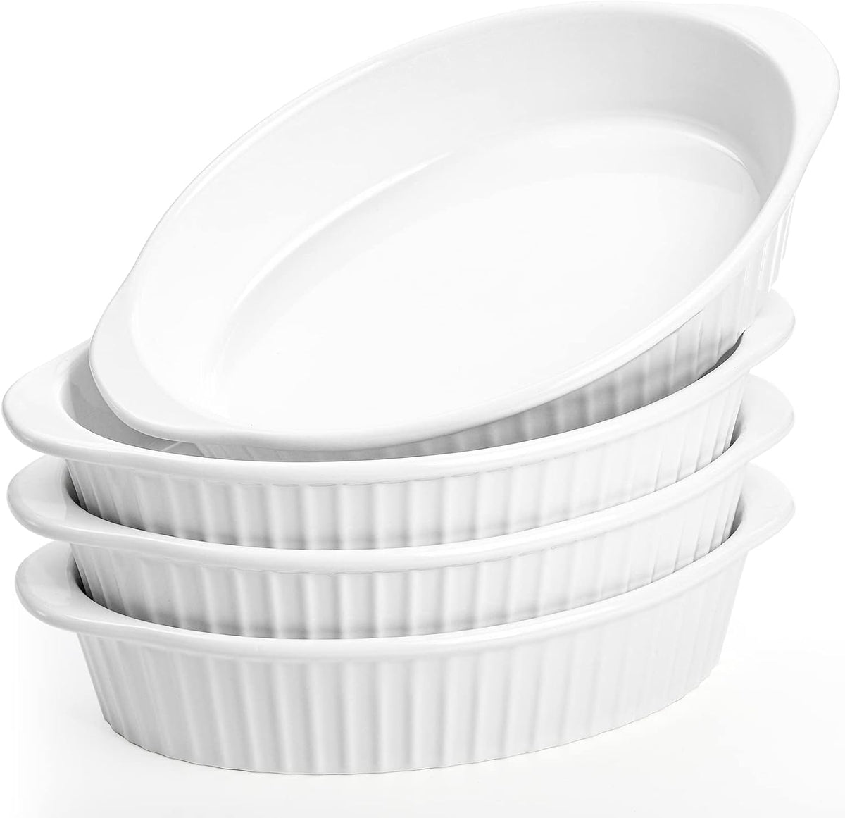 Foraineam 4 Pack 15 oz White Porcelain Oval Baking Dishes, 8.8 x 5.5 x 1.8 Inch Au Gratin Pans Small Table Serving Dish, Lasagna Pan CrÃ¨me Brulee Bakeware Set with Double Handles, Dishwasher Oven Safe