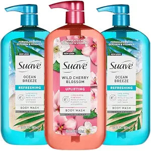 Suave Body Wash, Ocean Breeze + Wild Cherry Blossom 3-Pack, 30 Oz Ea