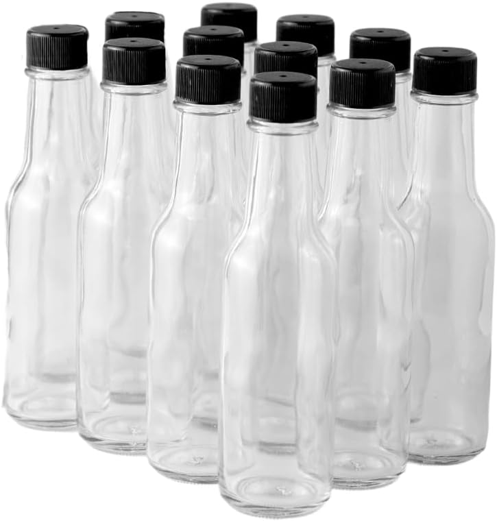 FastRack Woozy Bottle 5 oz (Pack of 12) | Small Hot Sauce Bottles for Canning | Empty Clear Glass Sauce Bottle with Black Plastic Caps | Leakproof Cap - No Dripper Included