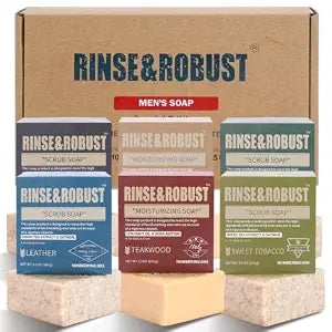 Rinse & Robust Mens Soap Bar Set 6Pcs Natural Handmade Cleansing Bar Soap Set Moisturizing Exfoliating Scrub Soap Fathers Day Gift for Dad All Skin Type, 6 Different Scents, 3.5 oz of 6 Bars