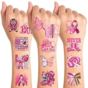 Konsait 72 PCS Pink Out Football Tattoo Breast Cancer Awareness Temporary Tattoos, Pink Ribbon Tattoos Fight Face Tattoo Breast Cancer Football Accessories