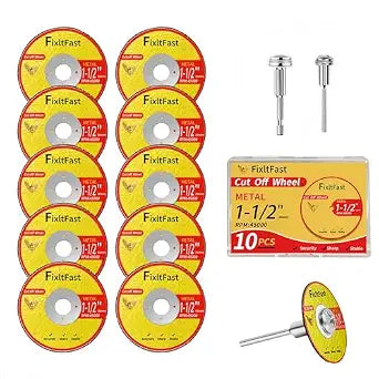 FIXLTFAST 1-1/2 Cut Off Wheels,1.5" x 1/8" Fiberglass Reinforced Metal Cutting disc for Rotary Tool Accessories Include Mandrels - 11 Pack