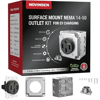 NEMA 14-50 EV Outlet with Surface Mount Box Kit, 50 Amp Outlet for Level 2 EV Charging, NEMA 14-50R Receptacle, 240V Outlet for EV Charger & RV Power, 3-Pole 4-Wire, ETL Listed, Black