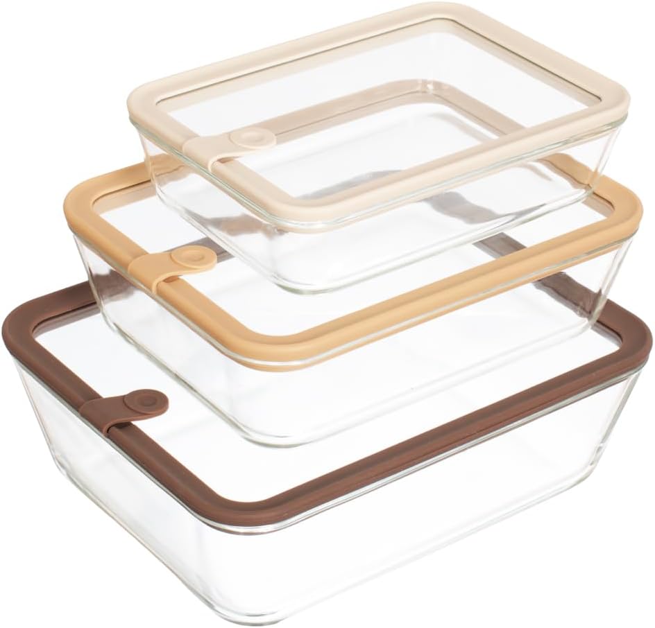 Glad Glass Food Storage Containers, Set of 3 - Airtight Vacuum Sealed Steam Vent Lids - Rectangular Borosilicate Glass Dishes with Ombre Green Lids - Assorted Sizes for Meal Prep & Leftovers, Brown