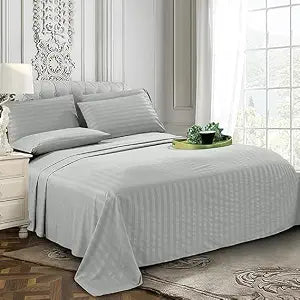 100% Cotton Satin Stripe Bed Sheet,Premium Cotton Bedsheets for Home, Hotels & Guest House, Resorts etc. with 1 Pillow Cover Size - (Gray, Twin - 60" x 90")