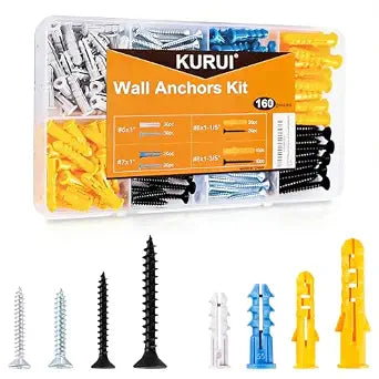 KURUI Drywall Anchors and Screws Assortment Kit, 160Pcs Dry Wall Anchors