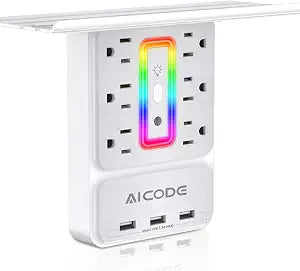 AICODE USB Outlet Extender with Shelf, RGB Night Light, 6 Outlets, White