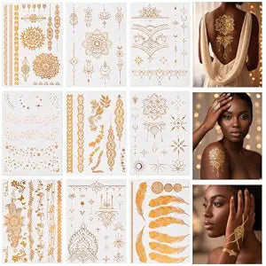 Nogeqi 9 Sheets Gold Temporary Tattoos, Metallic Tattoos for Women